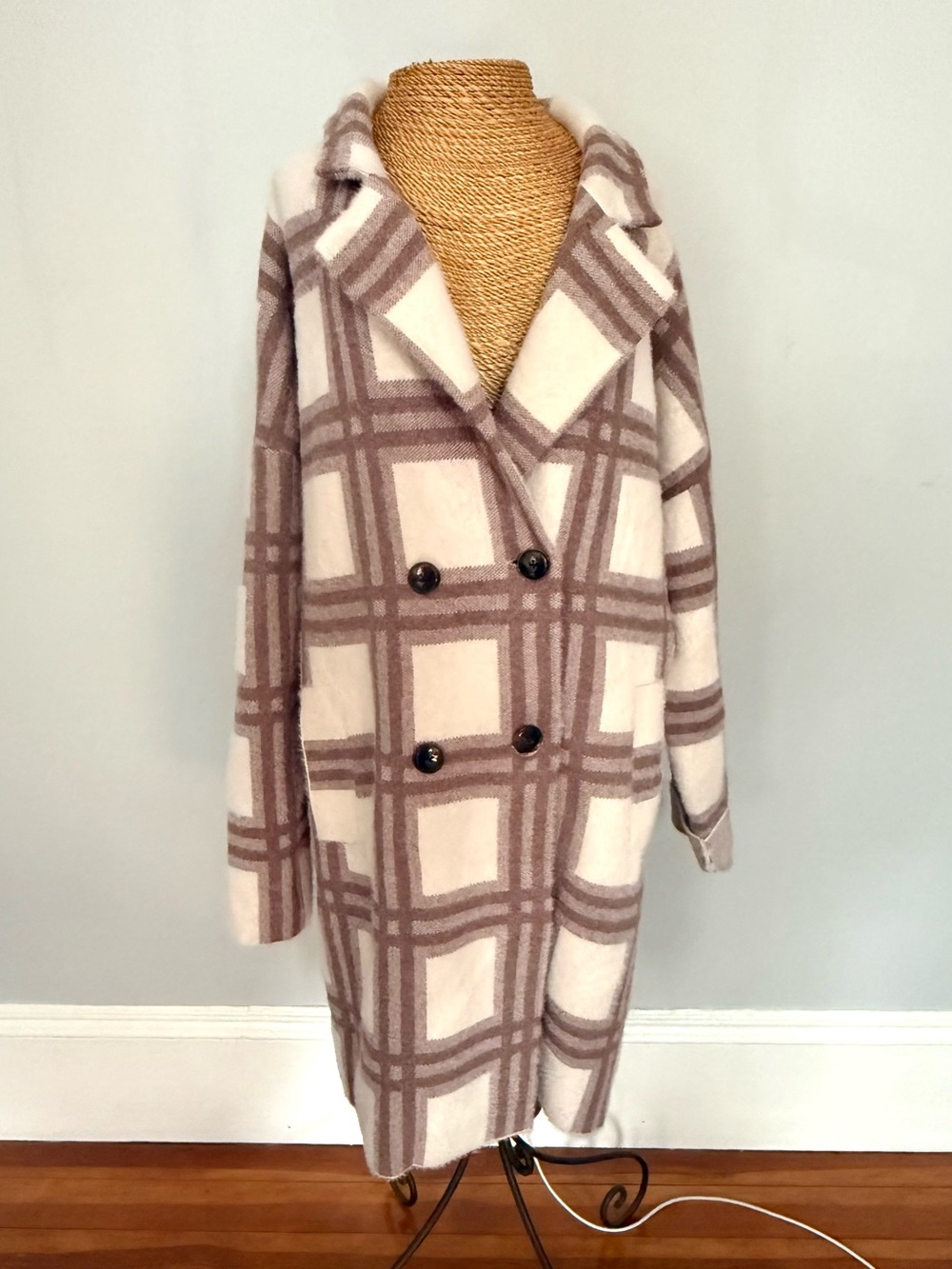 NVLT Anthropologie Cream and Taupe Plaid Double-Breasted Pea Coat